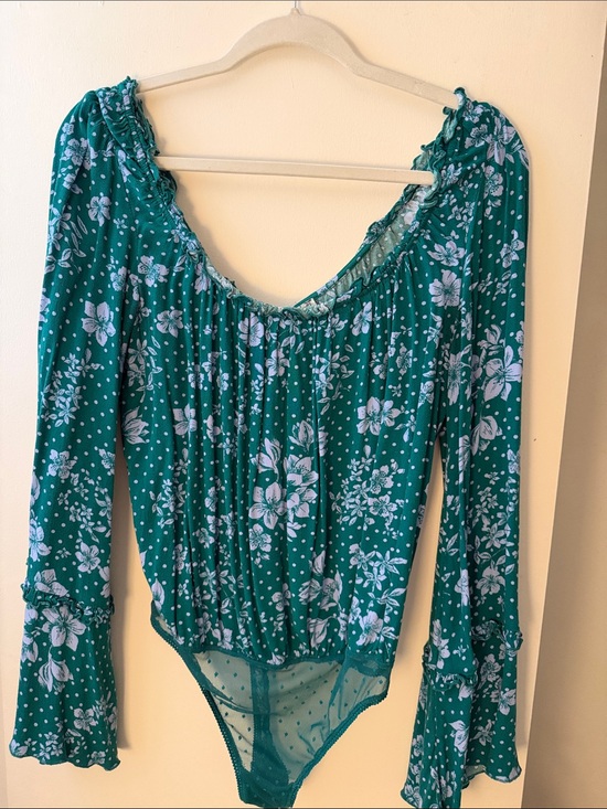 Intimately By Free People Tops - Teal Floral Long-Sleeve Scoop Neck Bodysuit